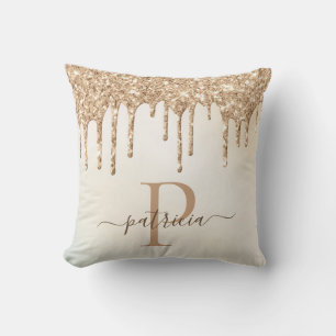 Glam Gold Glitter Drips Elegant Monogram Cushion
