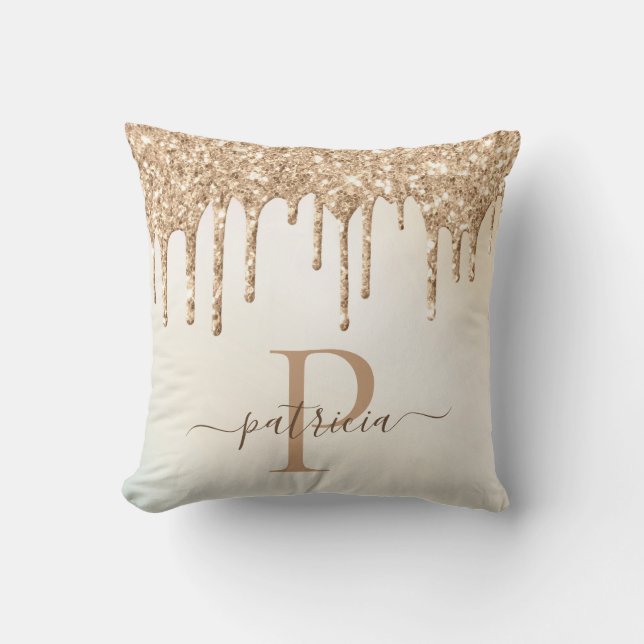 Glam Gold Glitter Drips Elegant Monogram Cushion (Front)