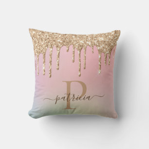 Glam Gold Glitter Drips Elegant Monogram  Cushion