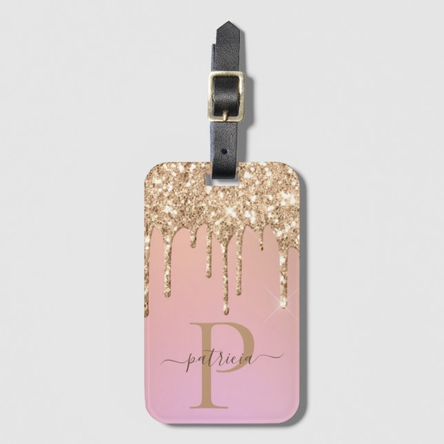 Glam Gold Glitter Drips Elegant Monogram  Luggage  Tag (Front Vertical)