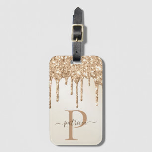 Glam Gold Glitter Drips Elegant Monogram  Luggage Tag
