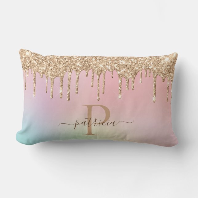 Glam Gold Glitter Drips Elegant Monogram  Lumbar Cushion (Front)