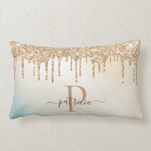 Glam Gold Glitter Drips Elegant Monogram  Lumbar Cushion