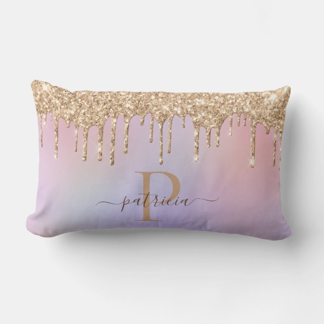 Glam Gold Glitter Drips Elegant Monogram  Lumbar P Lumbar Cushion (Front)