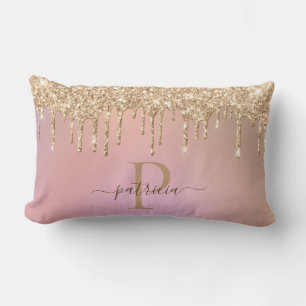 Glam Gold Glitter Drips Elegant Monogram  Lumbar P Lumbar Cushion