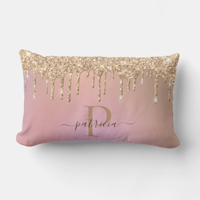 Glam Gold Glitter Drips Elegant Monogram  Lumbar P Lumbar Cushion (Front)