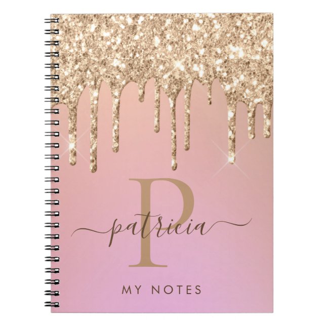 Glam Gold Glitter Drips Elegant Monogram Notebook (Front)