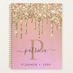 Glam Gold Glitter Drips Elegant Monogram Planner<br><div class="desc">Modern Glam Pink Gold Glitter Drips Girly Feminine Luxury Monogram Script Name Planner</div>