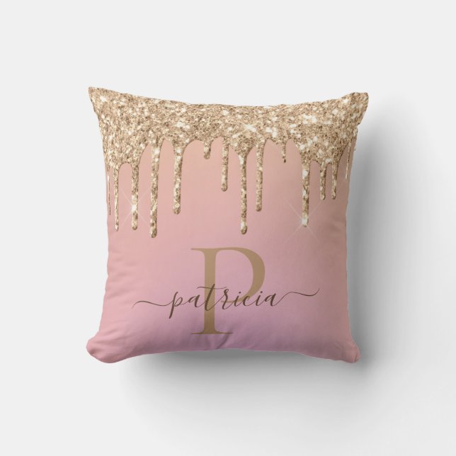 Glam Gold Glitter Drips Elegant Monogram Throw Pil Cushion (Front)