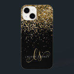 Glam Gold Glitter Elegant Monogram iPhone 14 Case<br><div class="desc">Glam Gold Glitter Elegant Monogram iPhone Case. Easily personalise this trendy chic phone case design featuring elegant gold sparkling glitter on a black background. The design features your handwritten script monogram with pretty swirls and name.</div>