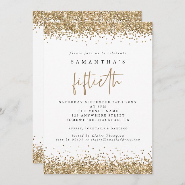 Glam Gold Glitter Fiftieth Party White Invitation (Front/Back)