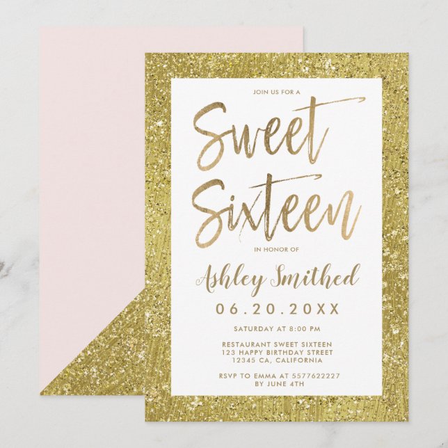 Glam gold glitter foil blush pink sweet sixteen invitation (Front/Back)