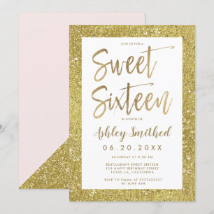 Glam gold glitter foil blush pink sweet sixteen invitation