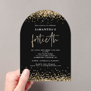 Glam Gold Glitter Fortieth Party Black Acrylic Invitations