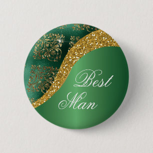 Glam Gold Glitter Green Metallic Best Man 6 Cm Round Badge
