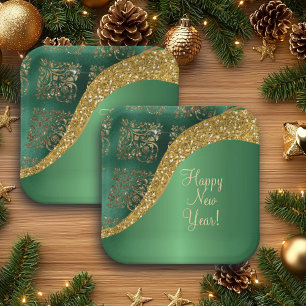 Glam Gold Glitter Green Metallic Festive Paper Plate