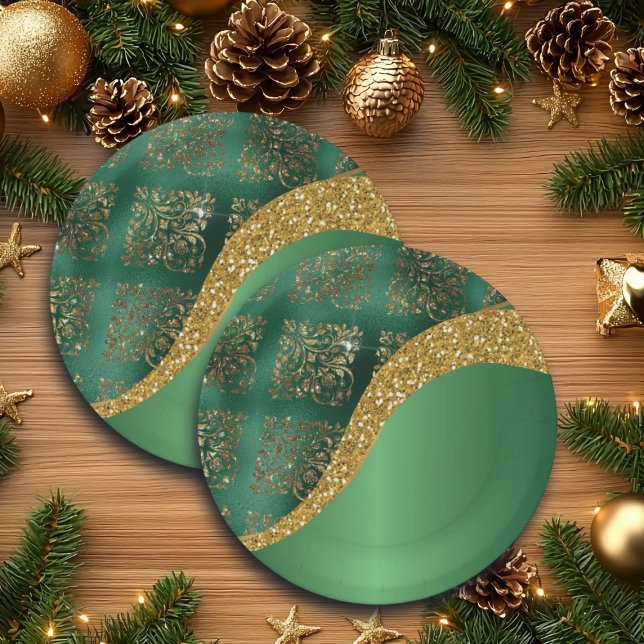 Glam Gold Glitter Green Metallic Festive Paper Plate (Creator Uploaded)