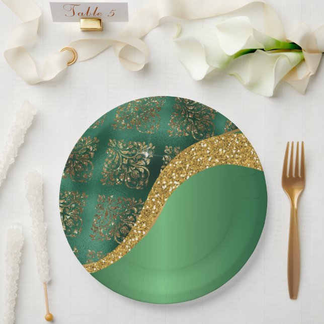 Glam Gold Glitter Green Metallic Wedding Paper Plate (Wedding)