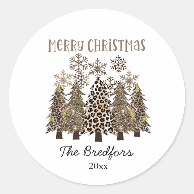 Glam Gold Glitter Leopard Print Trees Christmas Classic Round Sticker (Front)