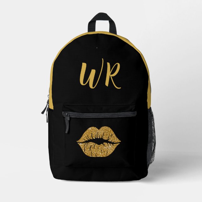 Glam Gold Glitter Lips on Black Initials Printed Backpack (Front)