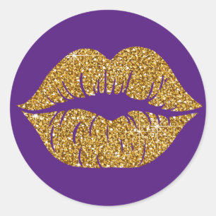 Glam Gold Glitter Lips Trendy Sparkle Purple  Classic Round Sticker