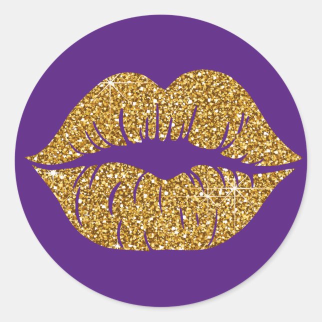 Glam Gold Glitter Lips Trendy Sparkle Purple  Classic Round Sticker (Front)