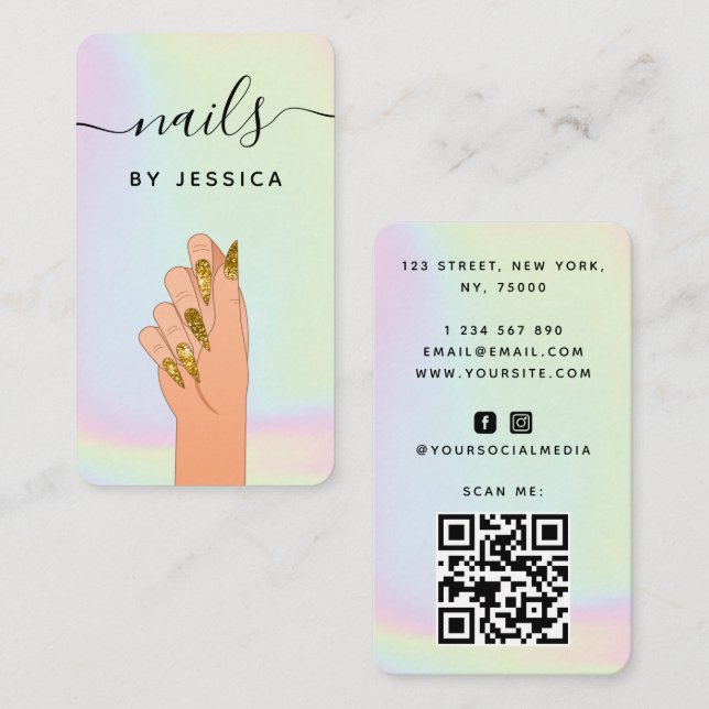Glam Gold Glitter Nails Holographic Pastel Salon Business Card (Front/Back)