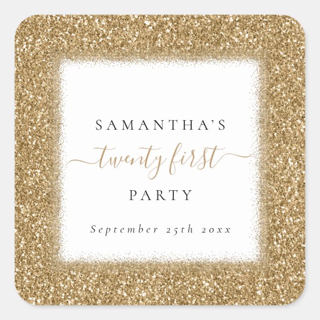 Glam Gold Glitter Name 21st Birthday Party Square Sticker (Front)