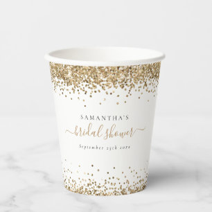 Glam Gold Glitter Name Date Bridal Shower Paper Cups