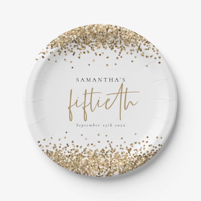 Glam Gold Glitter Name Date Fiftieth Birthday Paper Plate (Front)