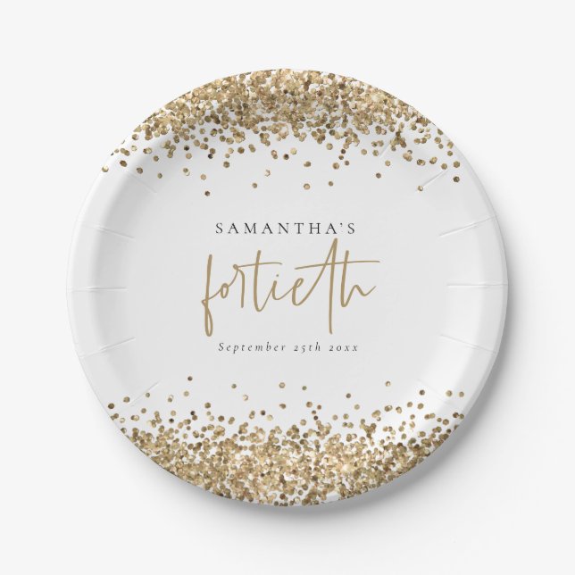 Glam Gold Glitter Name Date Fortieth Birthday Paper Plate (Front)