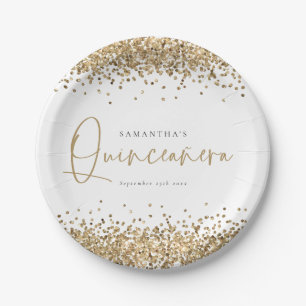 Glam Gold Glitter Name Date Quinceañera 15th Party Paper Plate