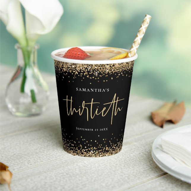 Glam Gold Glitter Name Date Thirtieth Party Black Paper Cups (Insitu)
