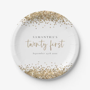 Glam Gold Glitter Name Date Twenty First Party Paper Plate