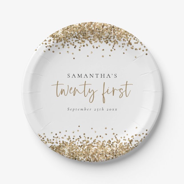 Glam Gold Glitter Name Date Twenty First Party Paper Plate (Front)