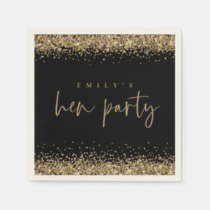 Glam Gold Glitter Name Hen Party Black Napkin