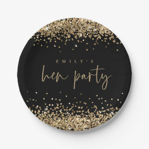 Glam Gold Glitter Name Hen Party Black Paper Plate
