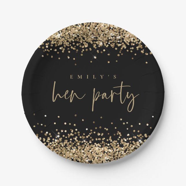 Glam Gold Glitter Name Hen Party Black Paper Plate (Front)