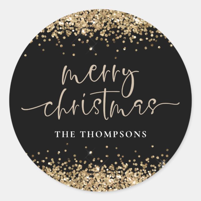 Glam Gold Glitter Name Merry Christmas Black Classic Round Sticker (Front)