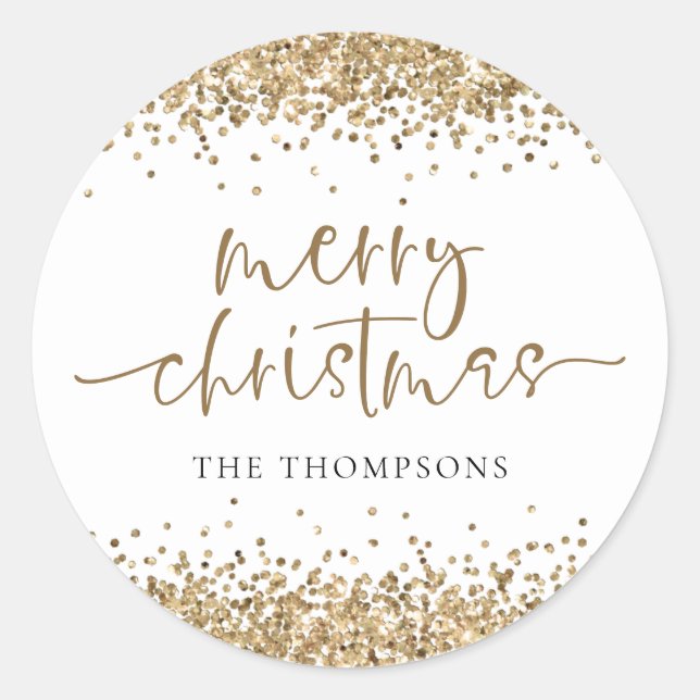 Glam Gold Glitter Name Merry Christmas  Classic Round Sticker (Front)
