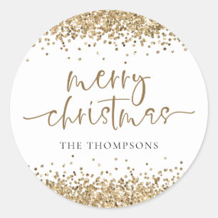 Glam Gold Glitter Name Merry Christmas  Classic Round Sticker