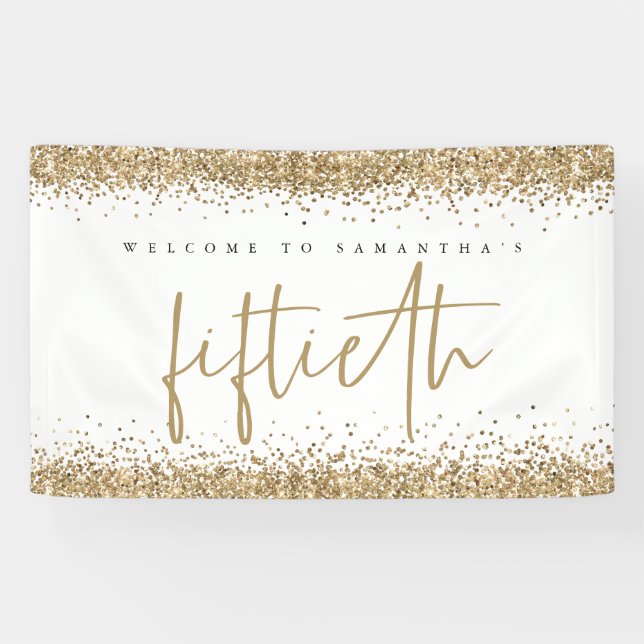 Glam Gold Glitter Name Welcome Fiftieth Banner (Horizontal)