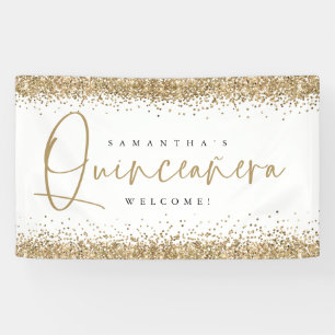Glam Gold Glitter Name Welcome Quinceañera Banner