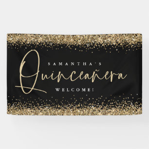 Glam Gold Glitter Name Welcome Quinceañera Black Banner