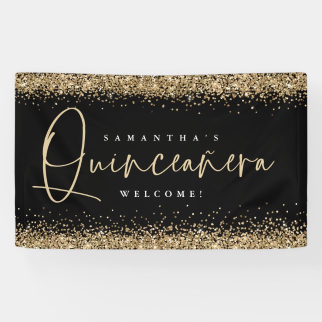 Glam Gold Glitter Name Welcome Quinceañera Black Banner (Horizontal)