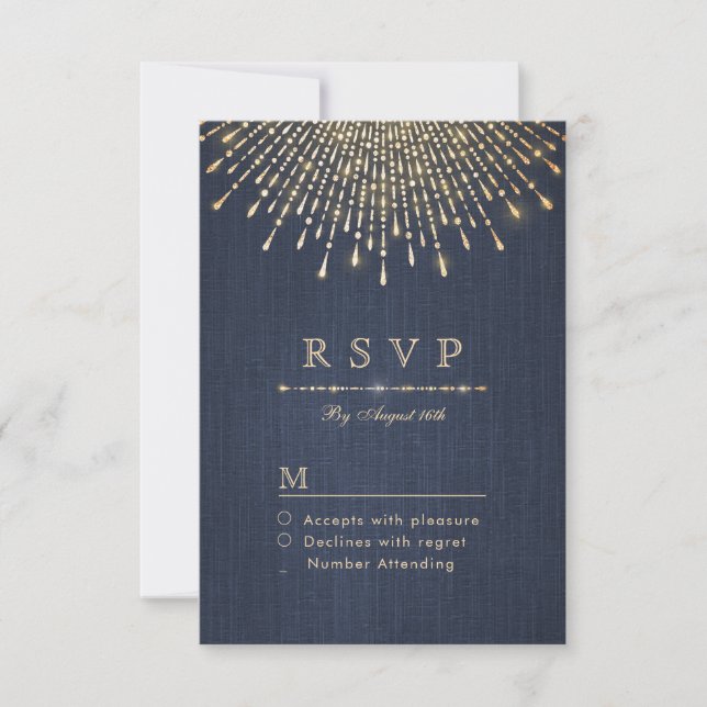 Glam gold glitter navy deco vintage wedding RSVP (Front)
