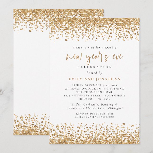 Glam Gold Glitter New Years Eve White Invitation (Front/Back)