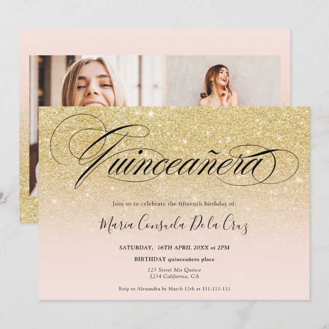 Glam gold glitter ombre script pink quinceañera invitation (Front/Back)
