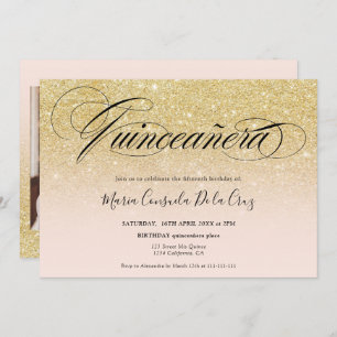 Glam gold glitter ombre script pink quinceañera invitation