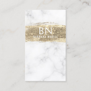 Glam Gold Glitter Paint White Marble Monogram Business Card